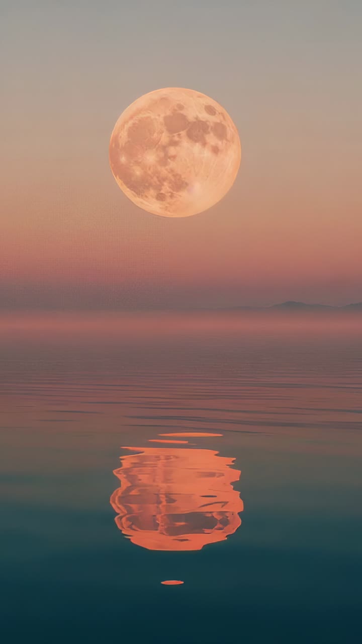 Vertical video: Shifting full moon drifting left above dusk sea, ripples bending orange reflection