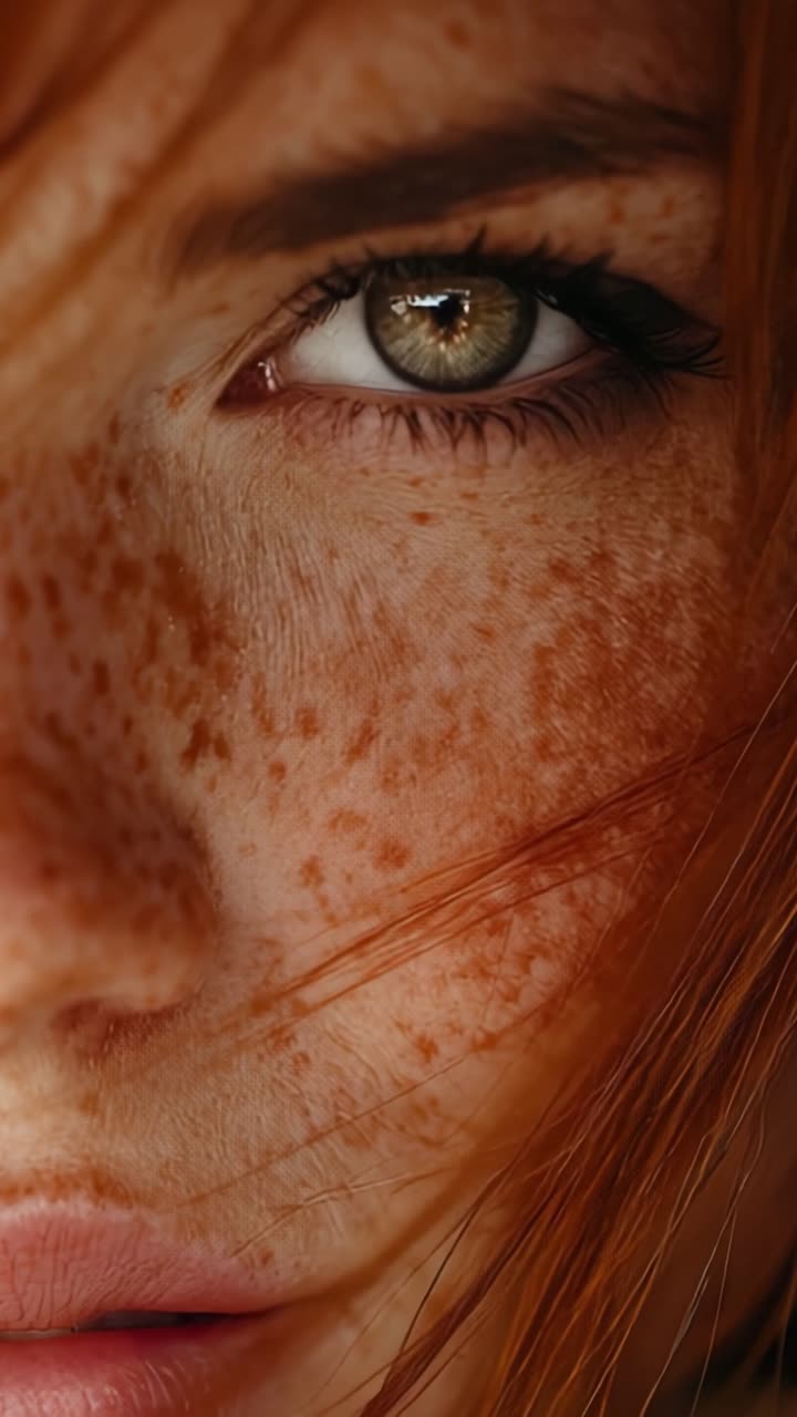 Close-Up Portrait of a Freckled Redhead with Stunning Green Eyes, Capturing the Intricate Textures of Skin and the Warmth of Natural Hair in an Intimate Setting