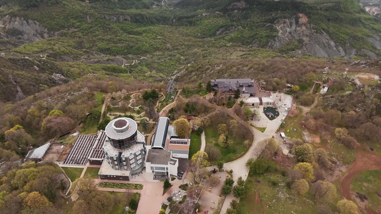Aerial view of Tirana building in lush green landscape, Albania