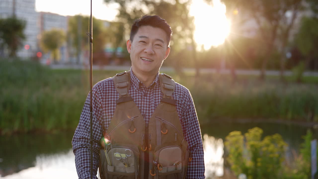 Man fishing in a park at sunset