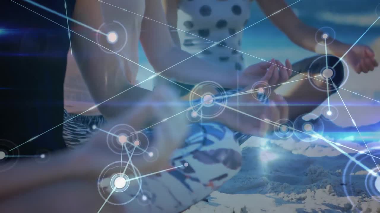 animación de la red de conexiones sobre mujeres practicando yoga en la playa