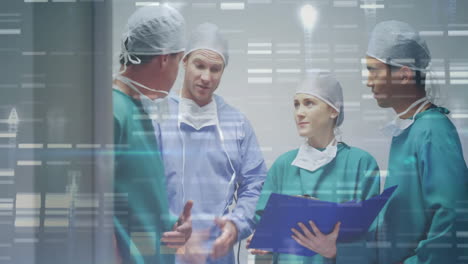 surgical team discussing pre-operative plan in bright hospital space, with floating data overlays