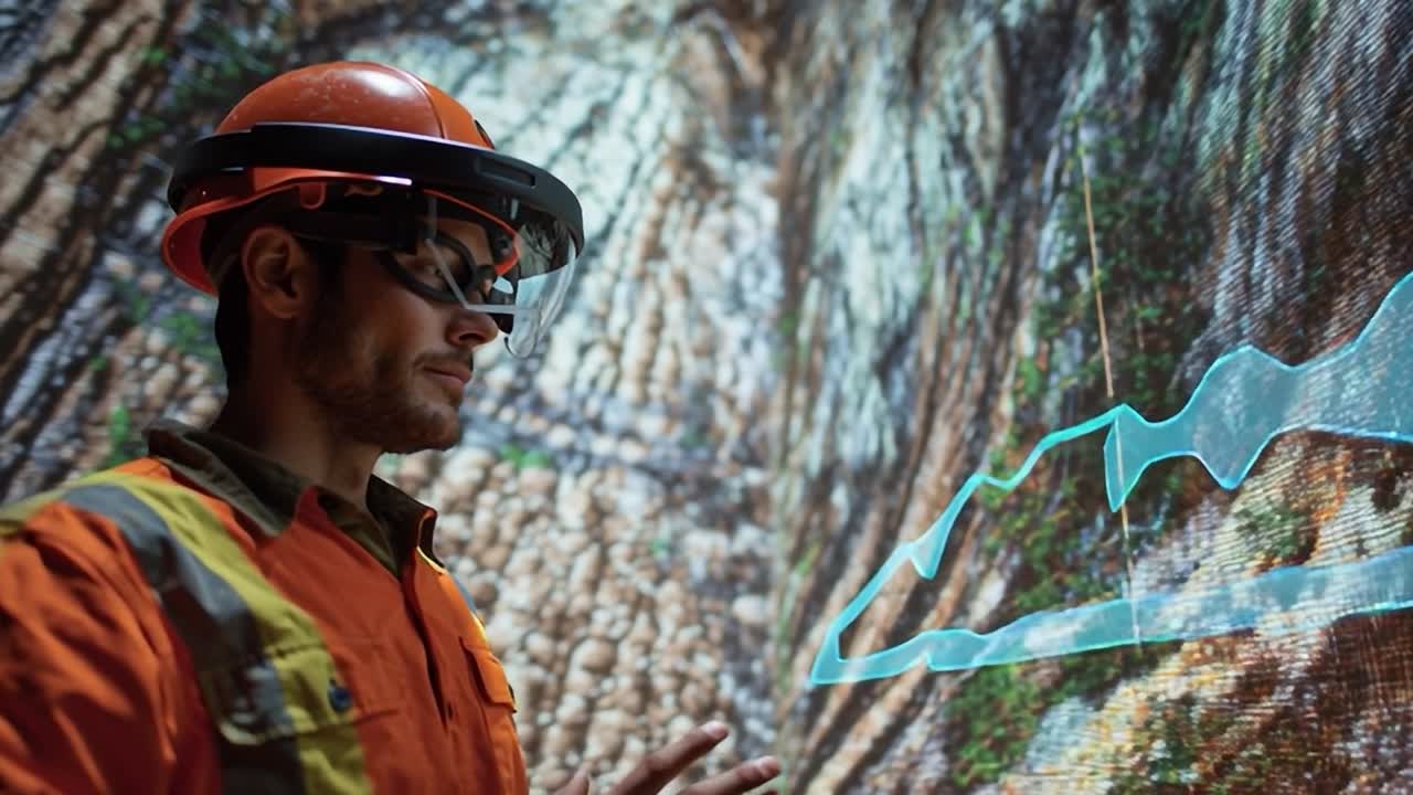Operaio edile analizza una parete rocciosa utilizzando tecnologia digitale