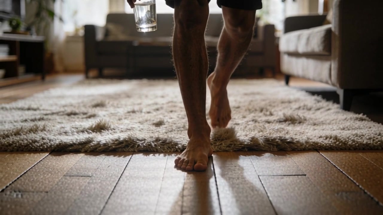 Começando a andar descalço de shorts escuros com um copo sobre o tapete de casa, deixando cair uma gota no chão de madeira.