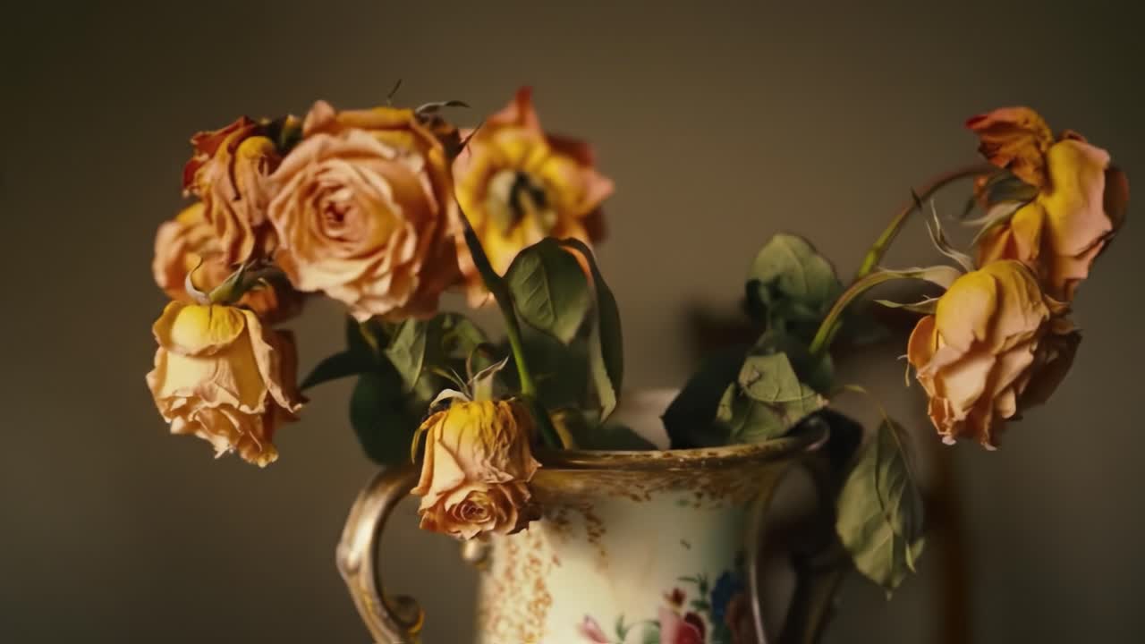 A collection of dried roses arranged in a decorative vase showcases their intricate details. The soft, warm lighting enhances the nostalgic feel of this stunning floral display.