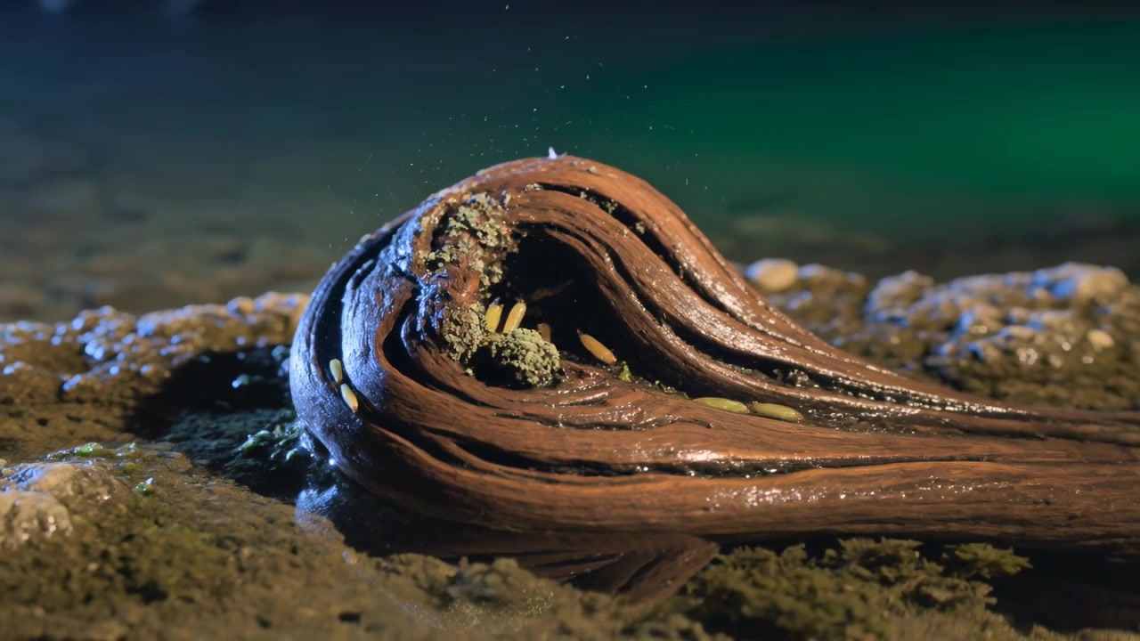 Showing rolled brown seaweed on wet tidal rock, droplets falling revealing yellow tubes