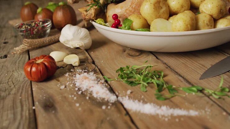 Video di un vassoio con tacchino arrosto, patate e spezie su una superficie di legno.