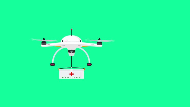 En tegneserie- eller animert fremstilling av en drone som leverer medisinske forsyninger i en nødsituasjon på grønn bakgrunn