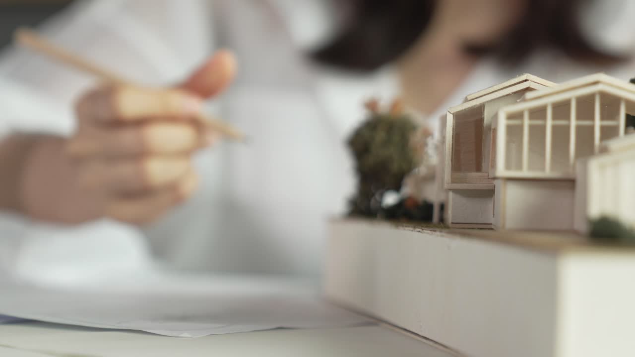 모델을 가리키는 동안 아름다운 건축가가 청사진을 그리고 있습니다. 조작자.