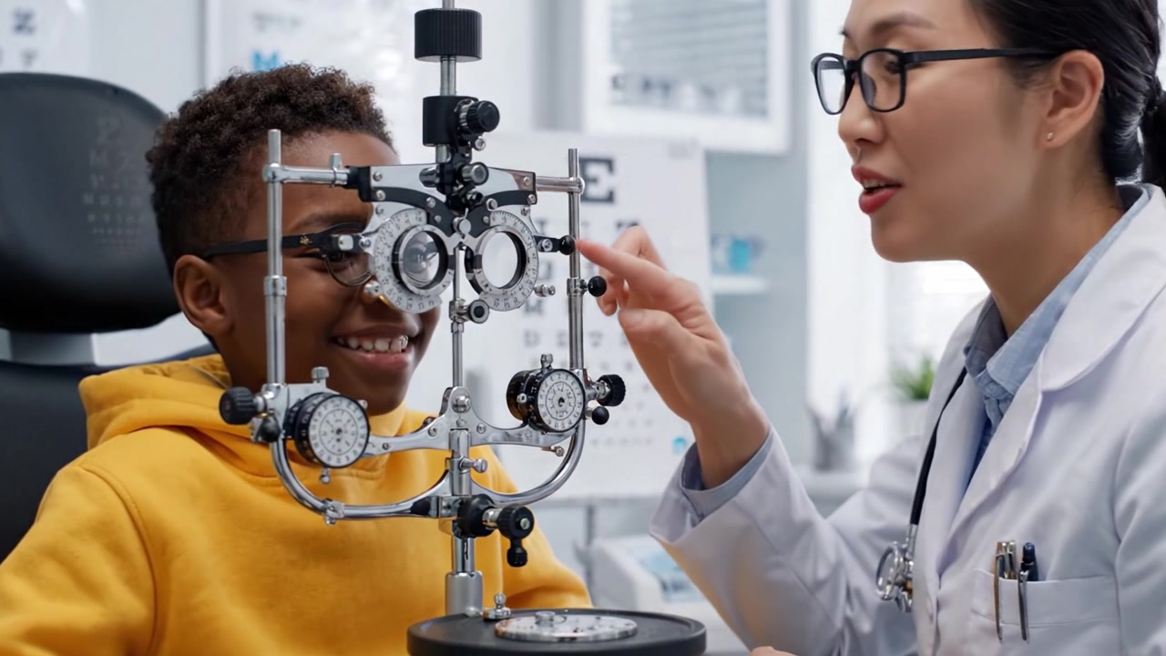 En ung patient, der gennemgår en synsundersøgelse med en optiker, der bruger en foropter i en moderne øjenklinik.