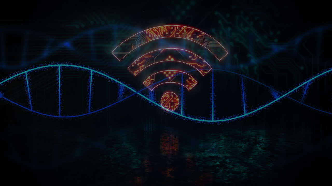Wi-Fi symbol with digital patterns over DNA strand and binary coding animation