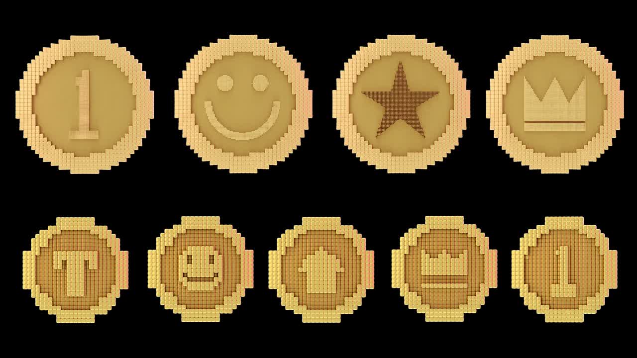 8 bits voxel rotating animated golden coins