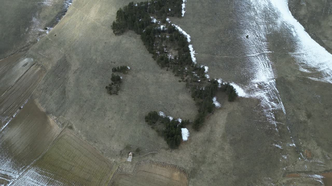 Riprese aeree con drone di Castelluccio di Norcia, Italia: paesaggio invernale con neve sulle alte vette e valli verdi sottostanti, cielo sereno e un drammatico contrasto stagionale. Ideale per progetti di viaggio e natura.