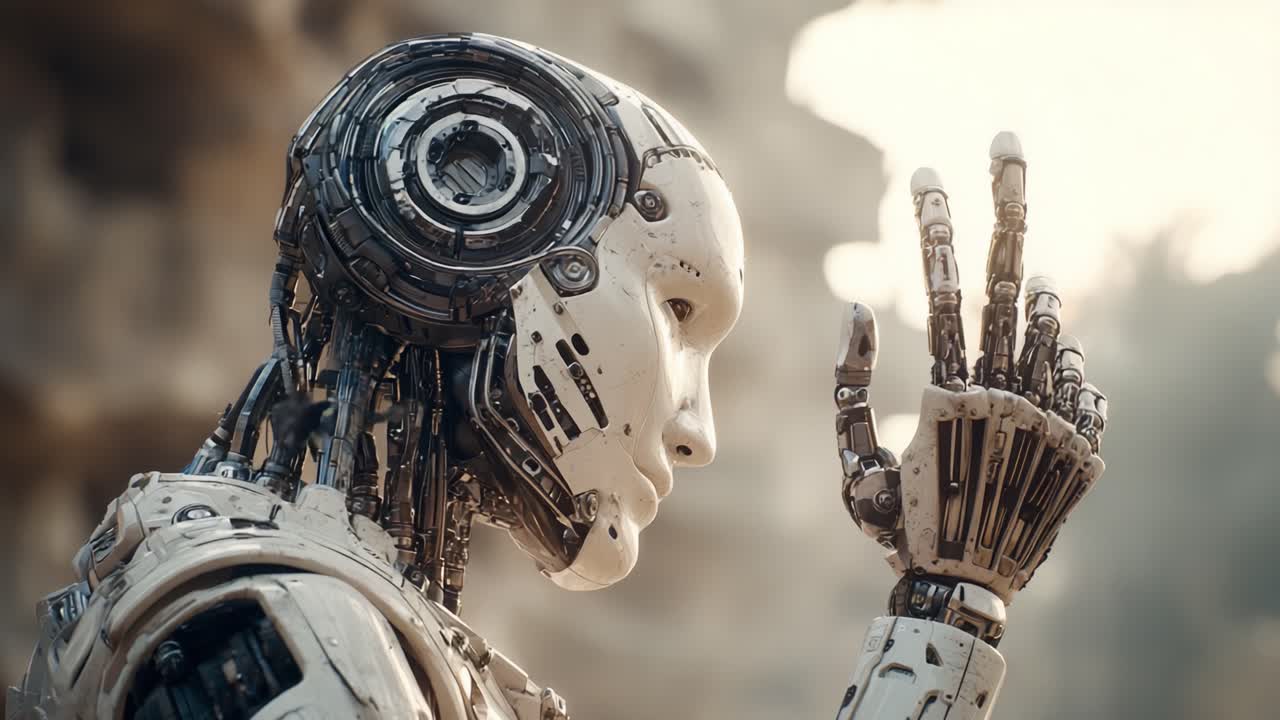 Robotik teknolojisinin geleceğini keşfedin: İletişim ve etkileşim amacıyla elini kaldıran gelişmiş bir insansı robota düşündürücü bir bakış.