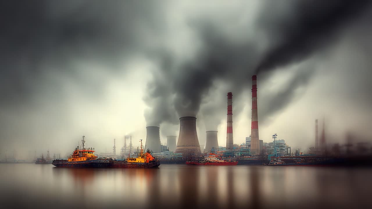Industrial Landscape with Cooling Towers and Tugboats Amidst Heavy Smoke Emissions, Highlighting the Environmental Impact of Industrial Operations on Waterways