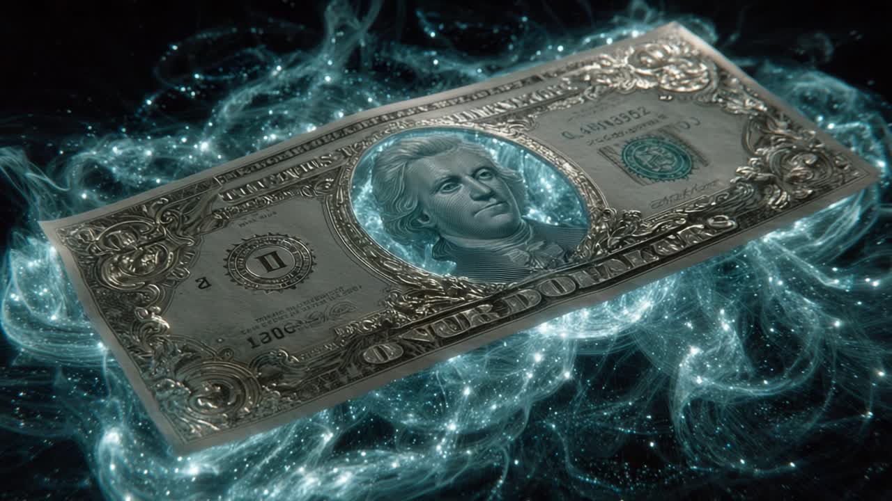One dollar bill floating through a cosmic field of glowing blue energy and stars, representing financial concepts like digital currency, economic power, magical money, and global finance
