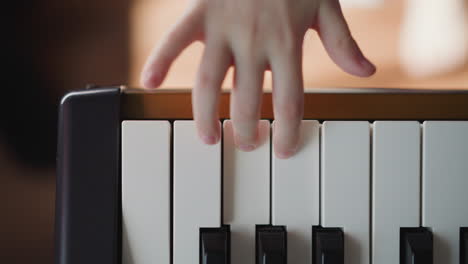 child presses button on electronic piano and plays melody