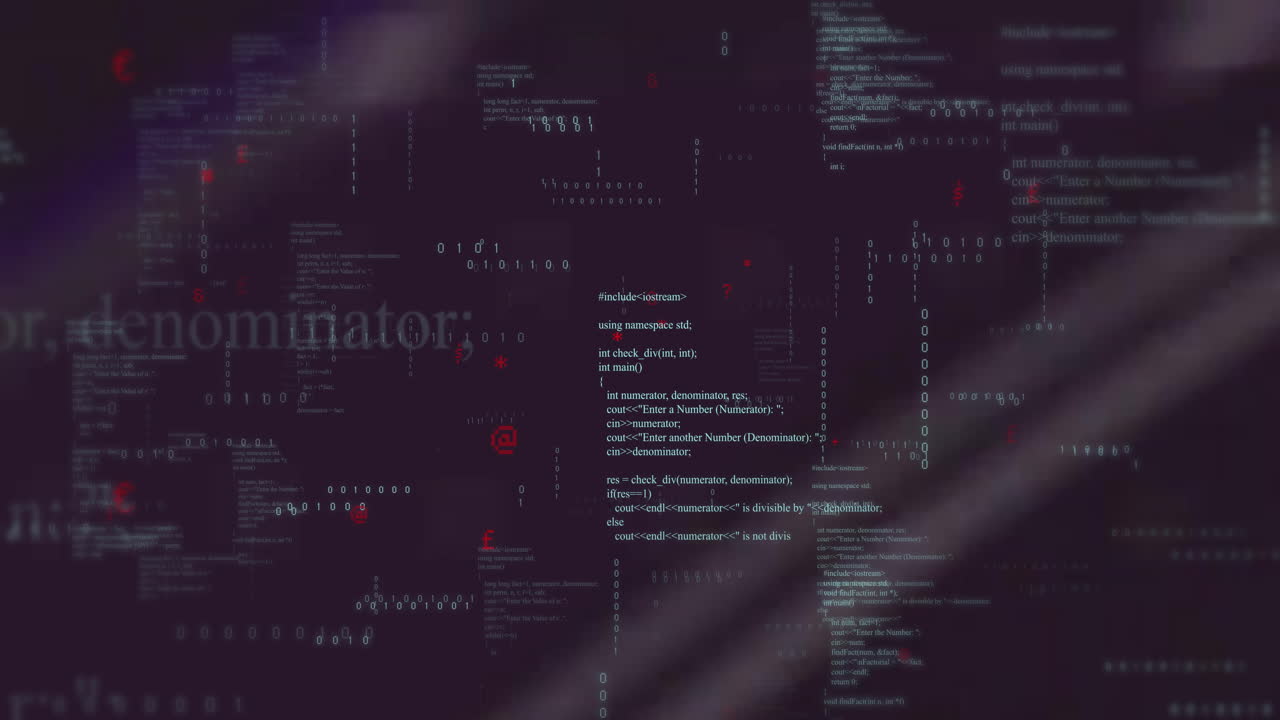 Floating animation of programming code and binary data over dark purple background