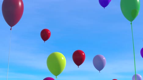 Bunte-Luftballons,-Die-Am-Blauen,-Klaren,-Glänzenden-Himmel-Hochfliegen,-Mit-Zwei-Großen-Luftballons,-Die-Auf-Beiden-Seiten-Winken.-Animation