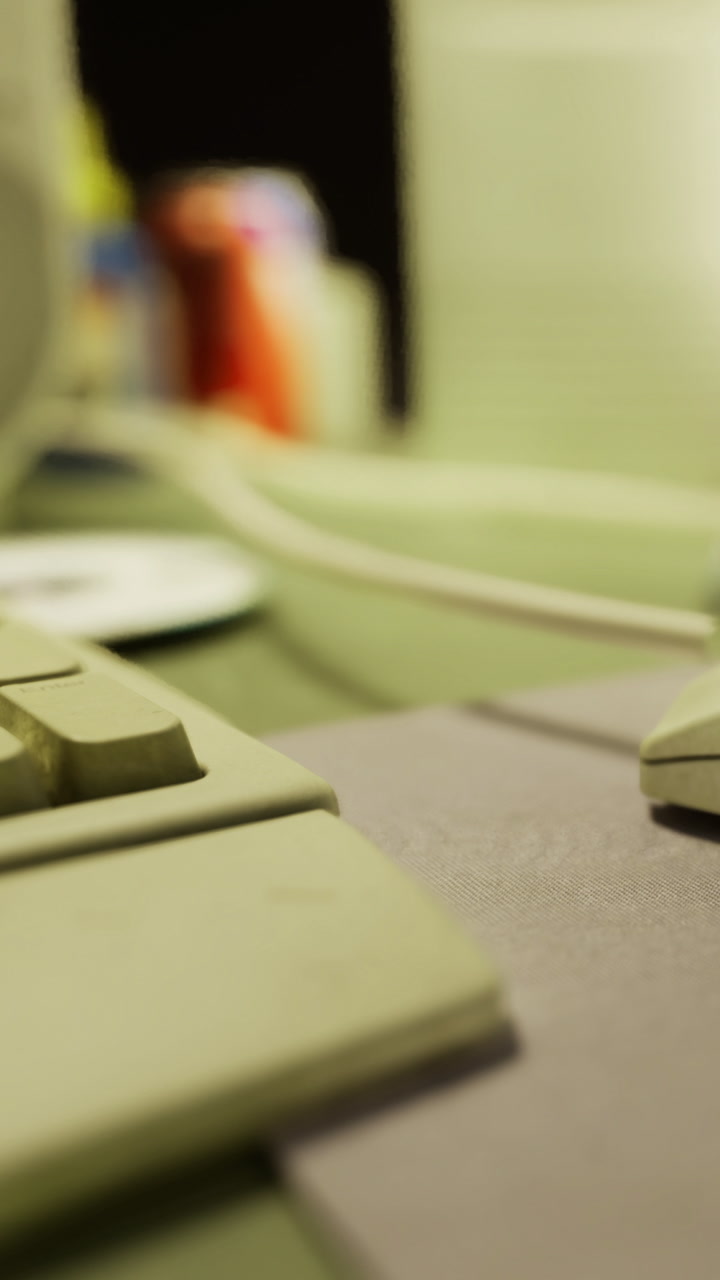Computer setup shows keyboard and mouse on table with soft focus background