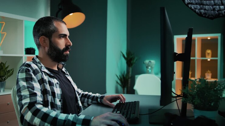 Focused young man typing on desktop keyboard doing research
