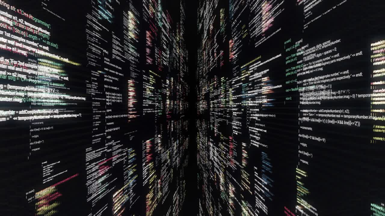 Modern application code on the abstract computer screen. Animation. Modern software development code, flying symbols on black background, seamless loop.