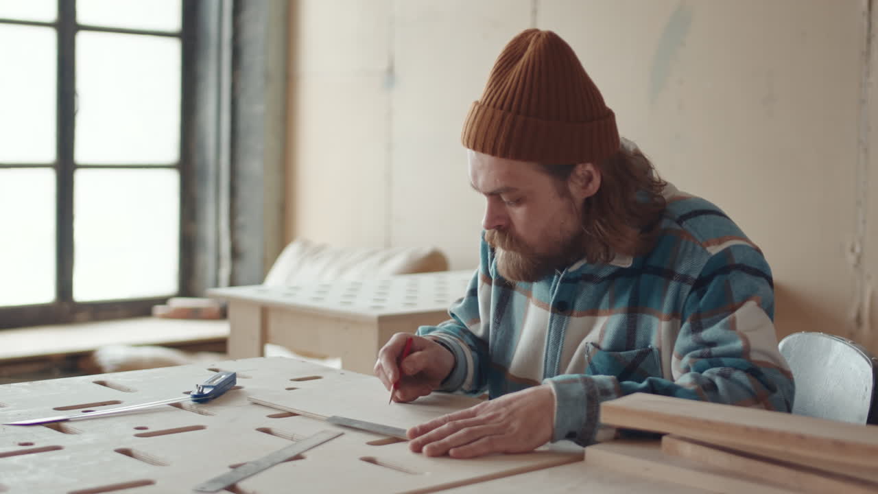 Carpenter Drawing on Wooden Board