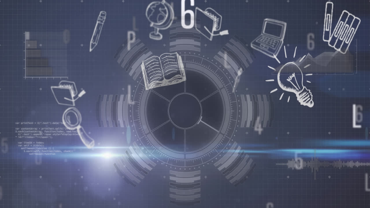 검은색 배경 위에 스캔 범위와 떨어지는 아이콘의 애니메이션