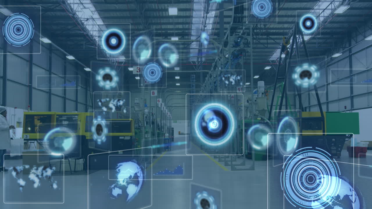 animación del procesamiento de datos con escaneo de alcance sobre diversos trabajadores en el almacén