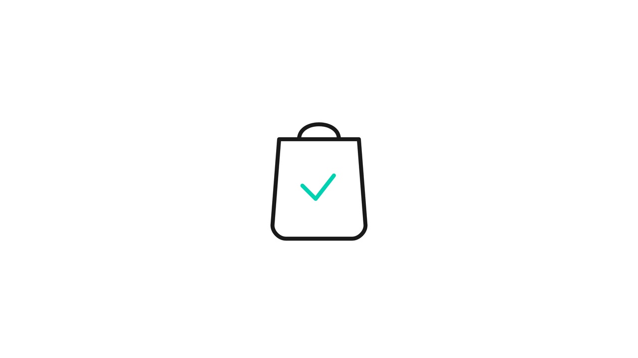 Disegno al tratto animato di una borsa della spesa con un segno di spunta