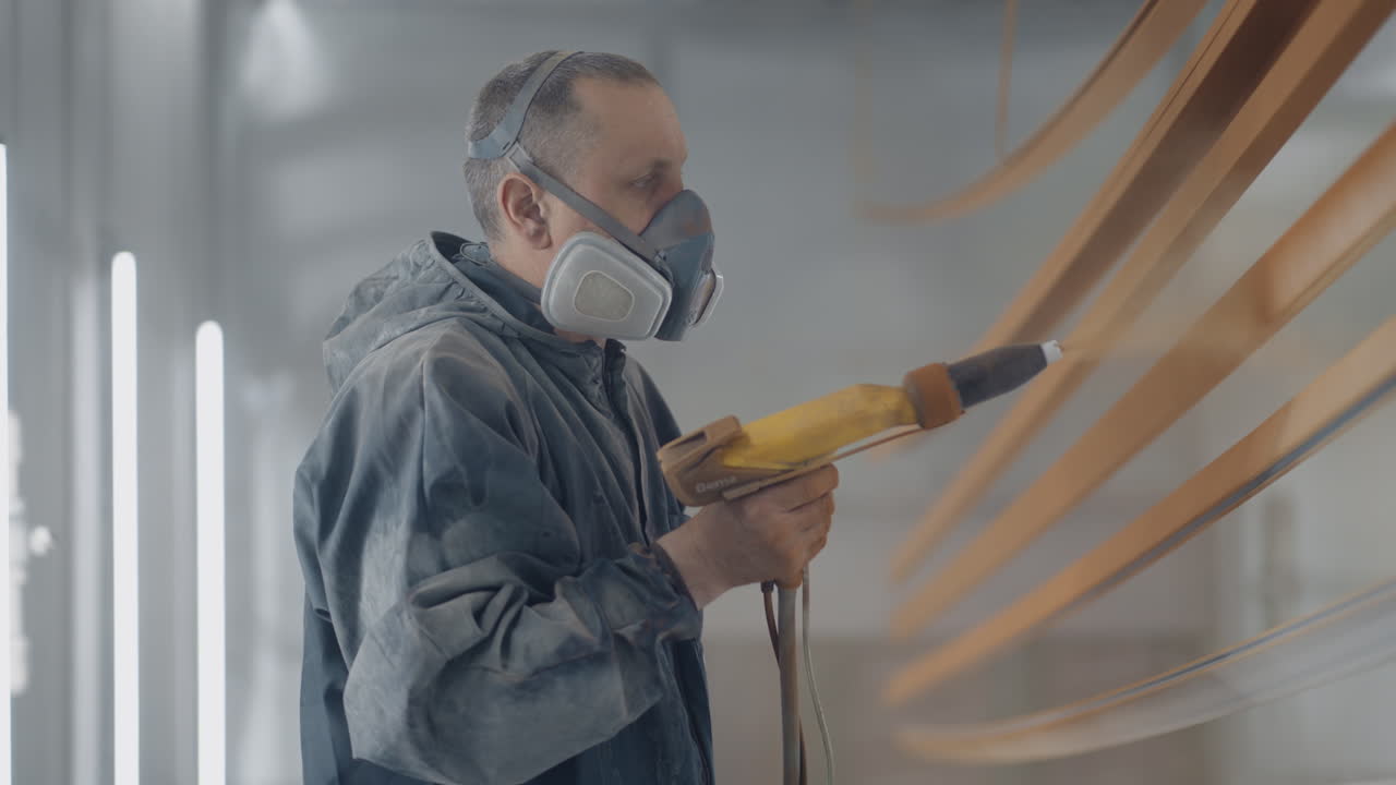 Un hombre con traje protector y mascarilla rocía pintura sobre las piezas. Taller de pintura de pequeña empresa. Taller para pintar piezas.