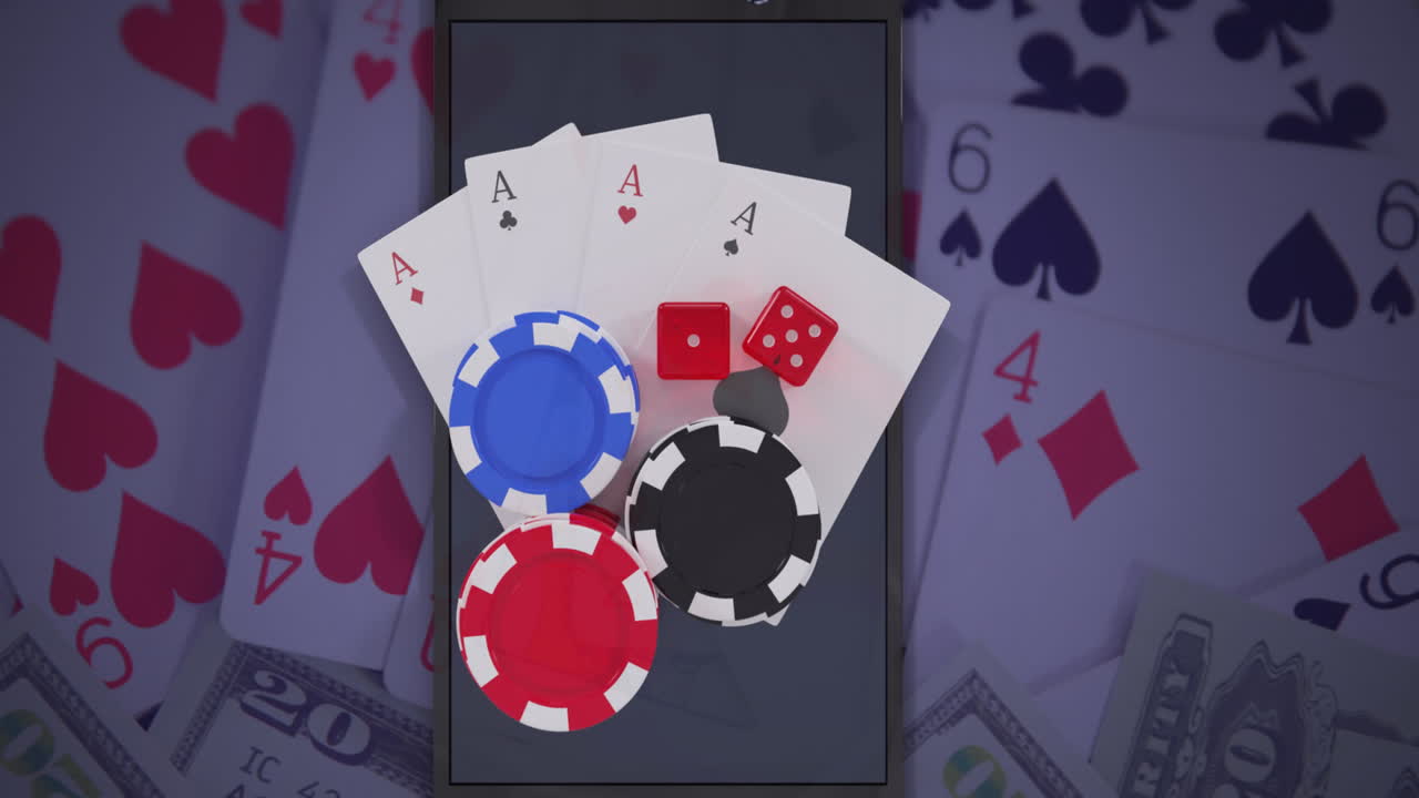 animación de fichas de casino, dados y cartas de juego a través de un teléfono inteligente