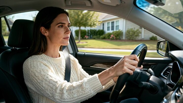 Donna al volante con un maglione color crema che effettua regolazioni mentre la strada curva lungo una via locale, con la cintura di sicurezza allacciata.