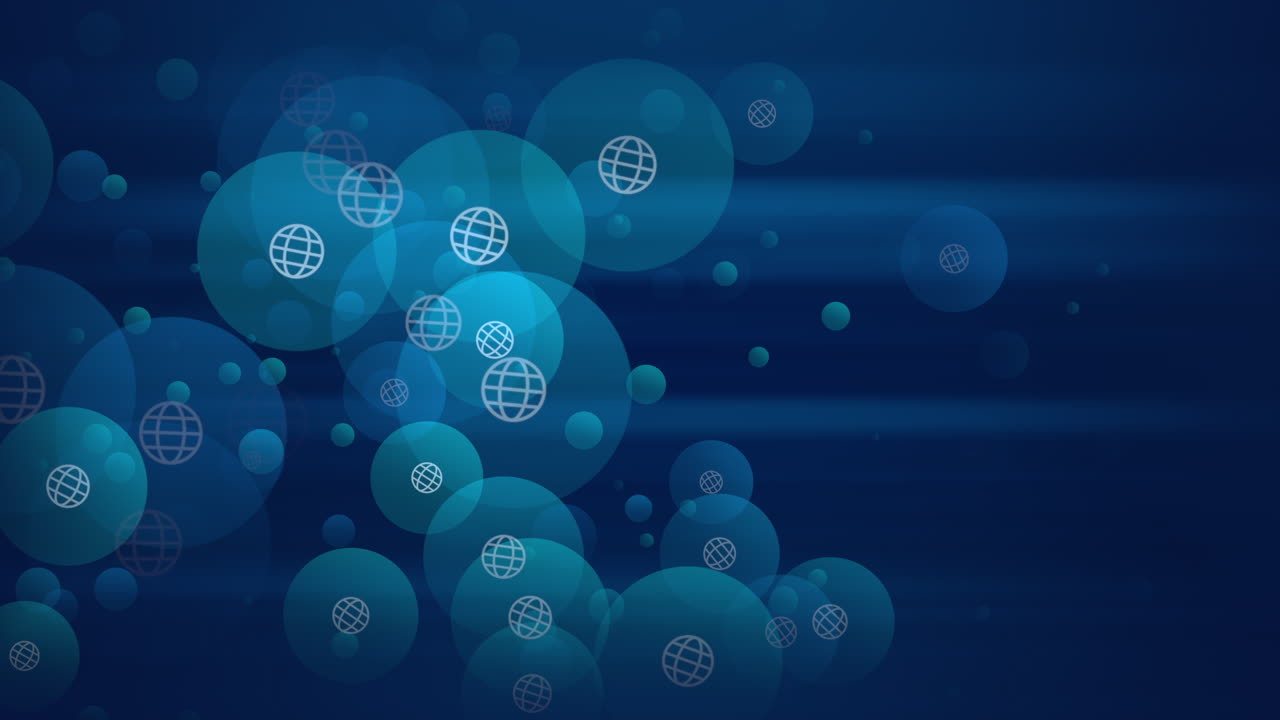 Rete di icone a forma di globo social volanti su gradiente blu
