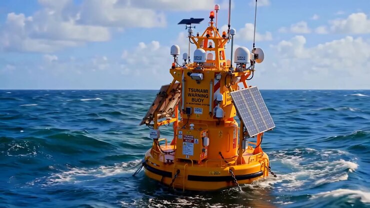 Orange Oceanographic Buoy Floating On Deep Blue Ocean Waves On A Bright Sunny Day
