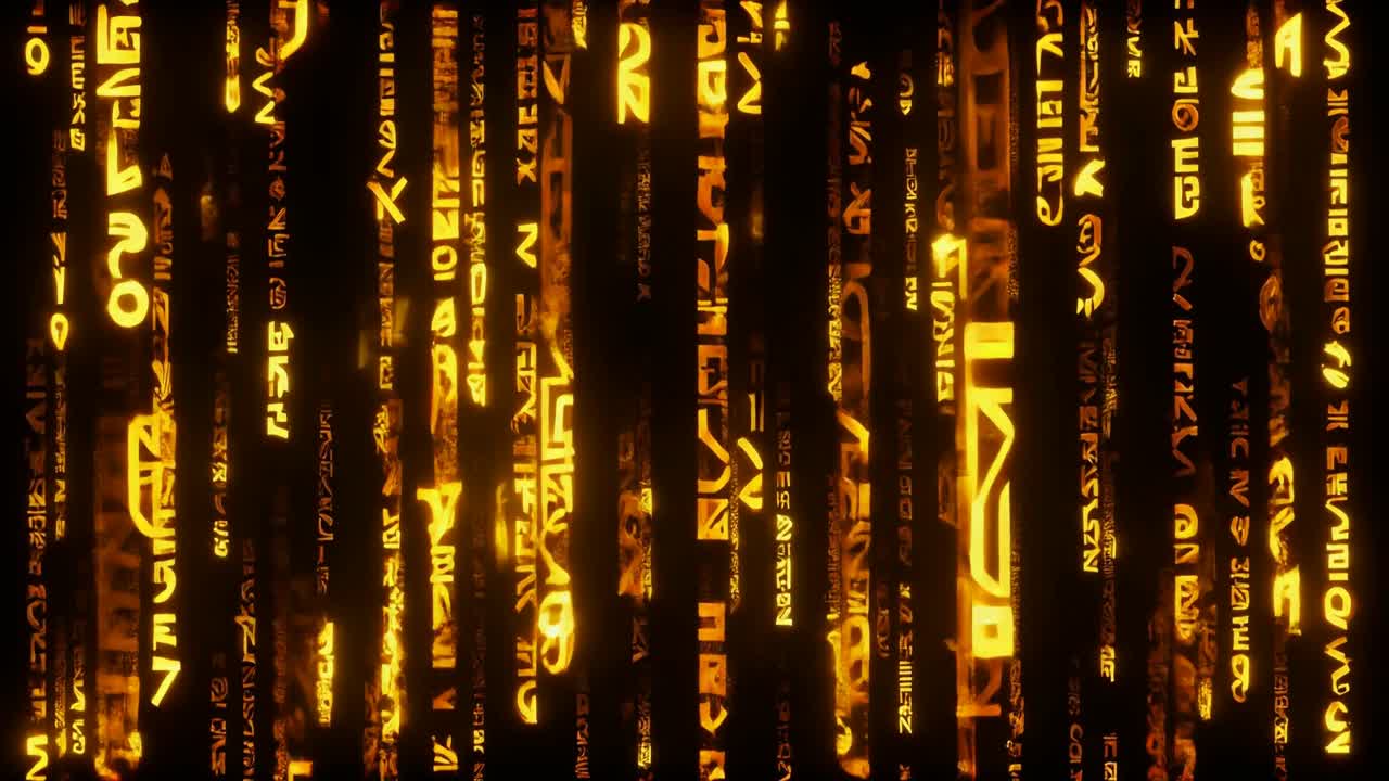 Falling Golden Digital Symbols on Black Background