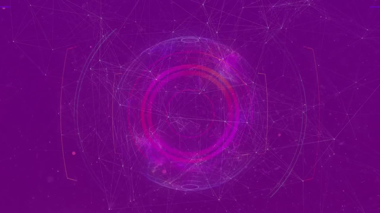 Animation of network of connections and globe over purple background