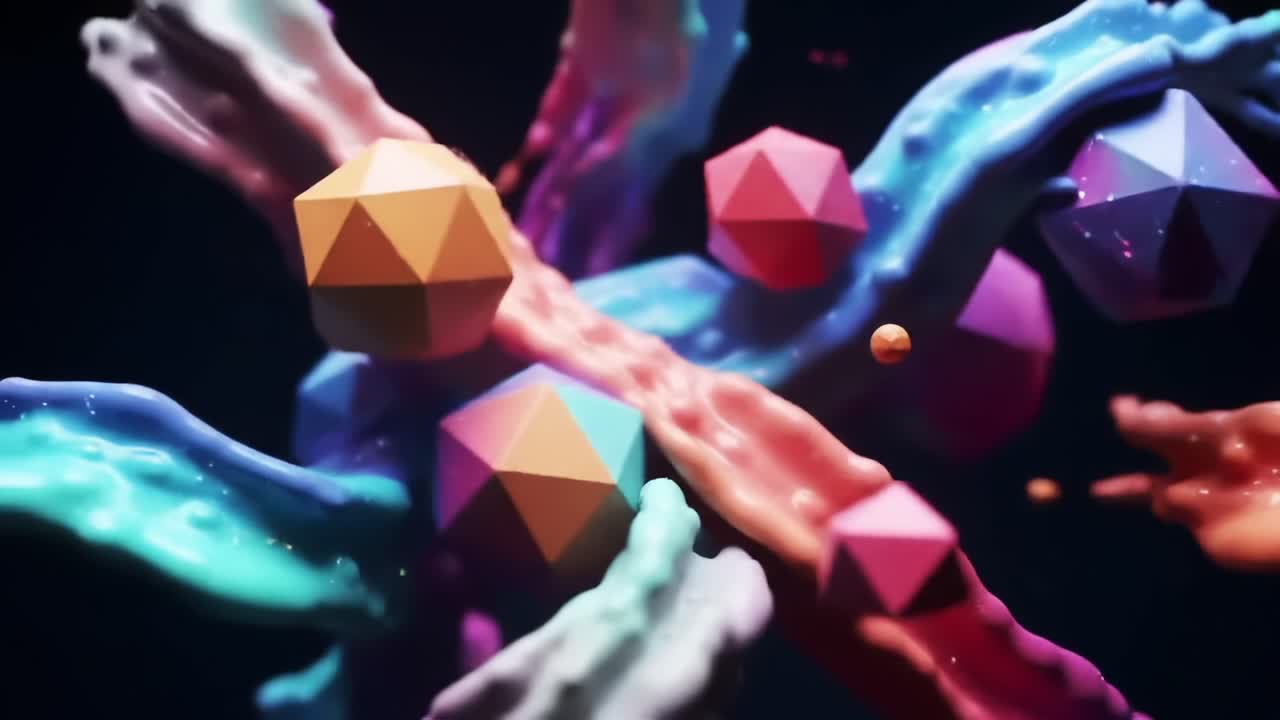 Dynamic Abstract Liquid and Geometric Shapes in Vibrant Colors Creating a Stunning Visual Display of Motion and Texture in a 3D Space