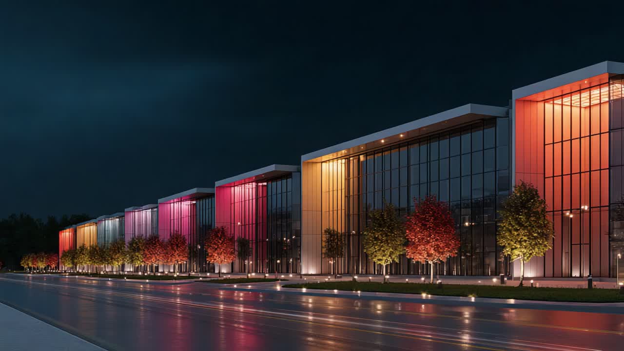 Paisagem noturna vibrante: arquitetura moderna iluminada, com destaque para luzes coloridas e folhagem de outono ao longo de um caminho reflexivo