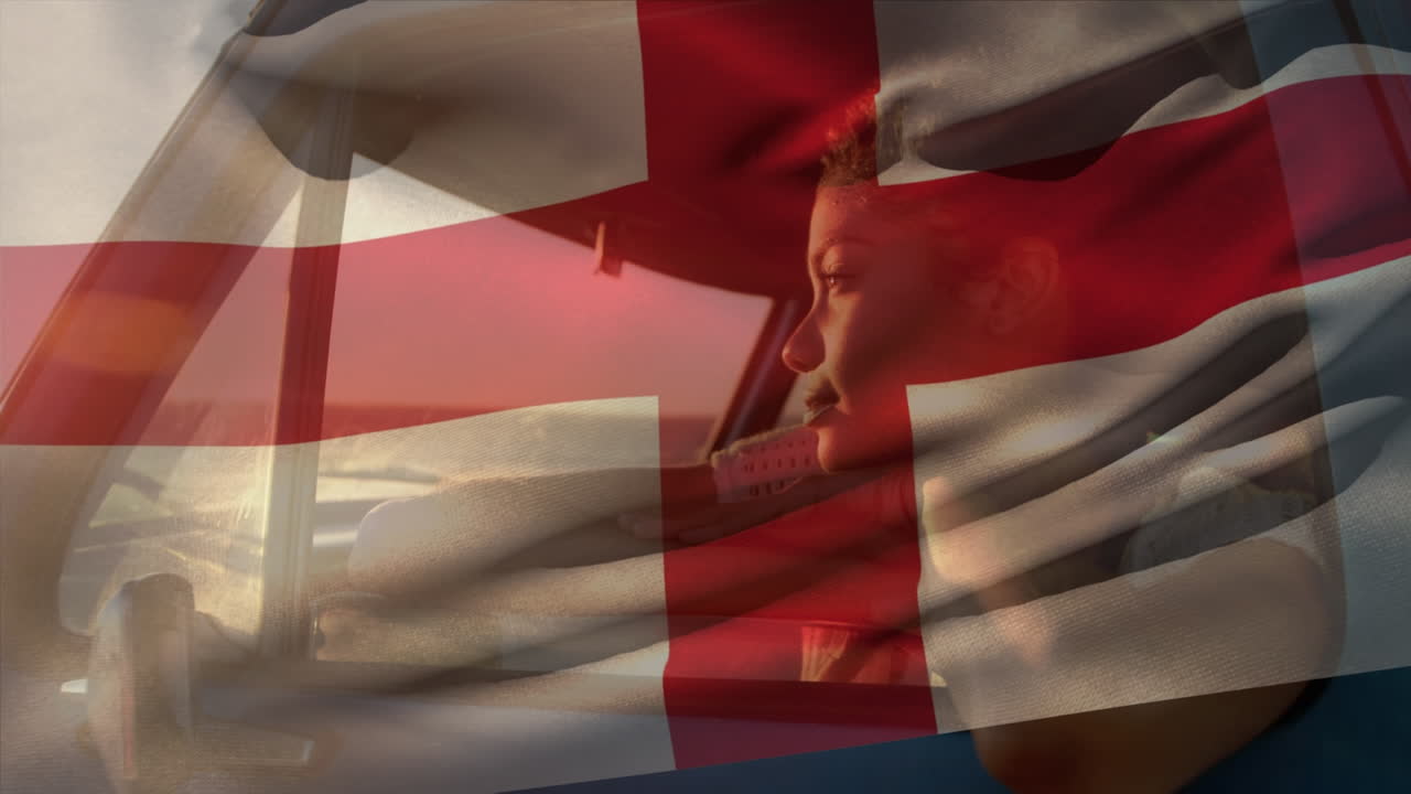 animación de una mujer afroamericana ondeando la bandera de inglaterra disfrutando de la brisa a través de la ventana del coche