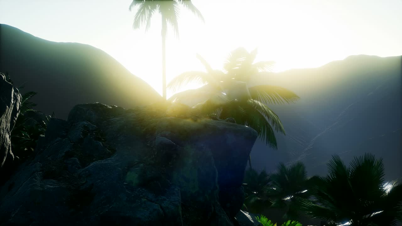 paisaje de montaña y campo con palmeras