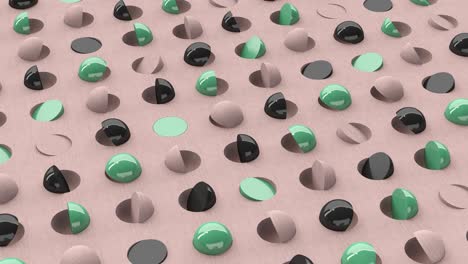 green, black, beige hemispheres rotating. abstract animation, 3d render.