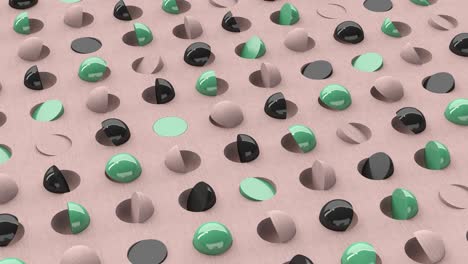 los hemisferios verdes, negros y beige están girando. animación abstracta, renderizado en 3d.