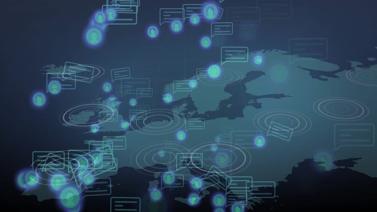 After map load, message icons and user avatars drifting across Europe, showing network growth