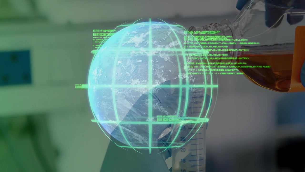 Lab scientist pouring reagent into cylinder, starting holo globe overlaying bench with data for lab
