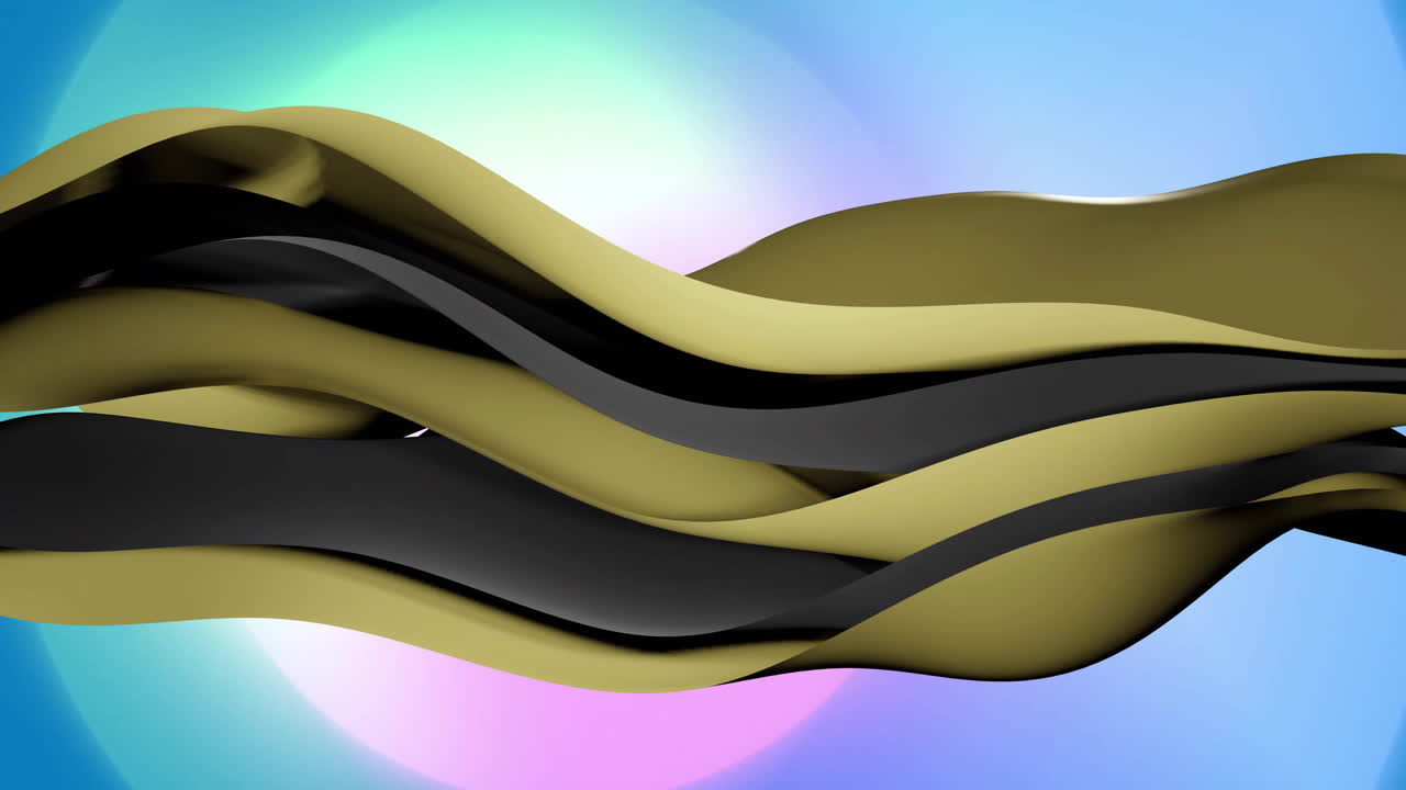 Animation of abstract shapes moving over waving multi coloured background