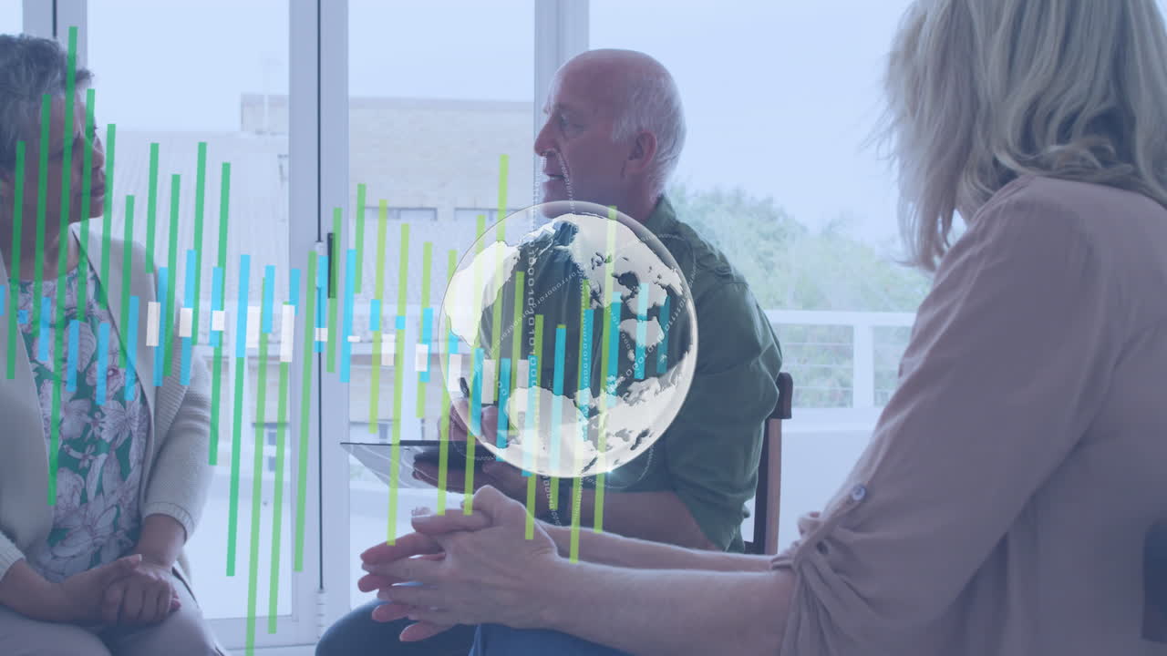 animación del globo sobre un grupo diverso de ancianos hablando