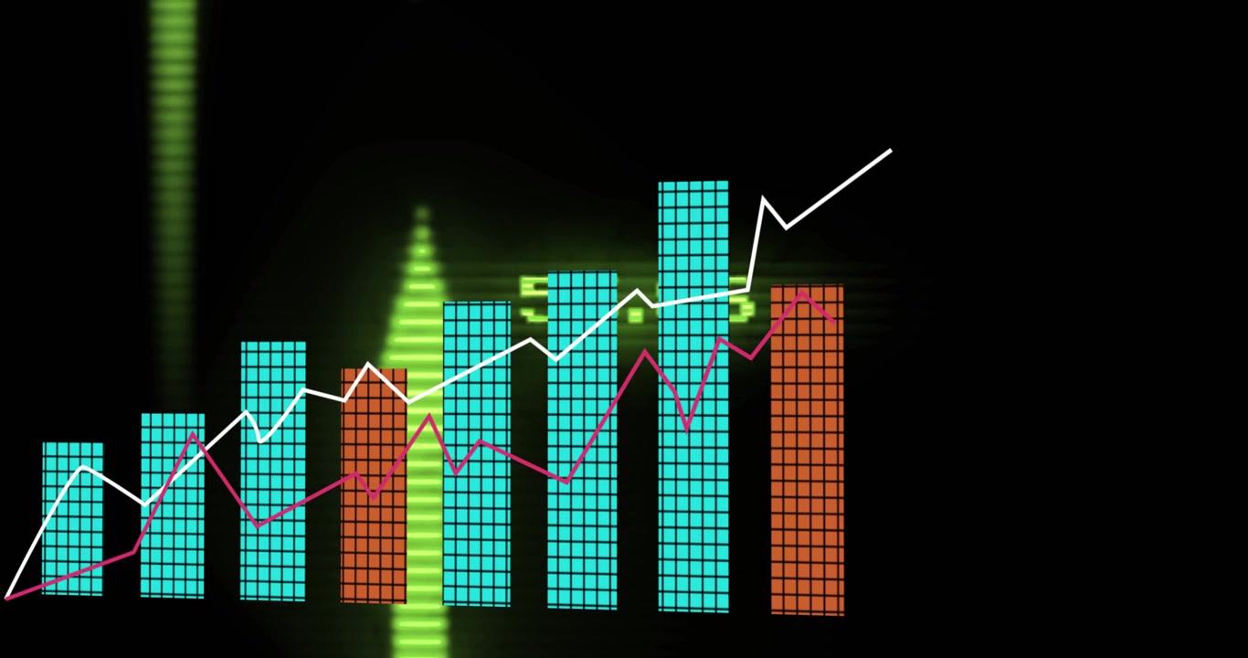 Sottili frecce verdi che appaiono, barre HUD che si riempiono, linee bianche e magenta che salgono per evidenziare i picchi.