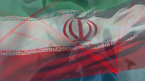 Animation-Der-Iranischen-Flagge,-Die-über-Einem-Arzt-Schwenkt,-Der-Eine-Gesichtsmaske-Trägt-Und-Einen-Impfstoff-In-Der-Hand-Hält
