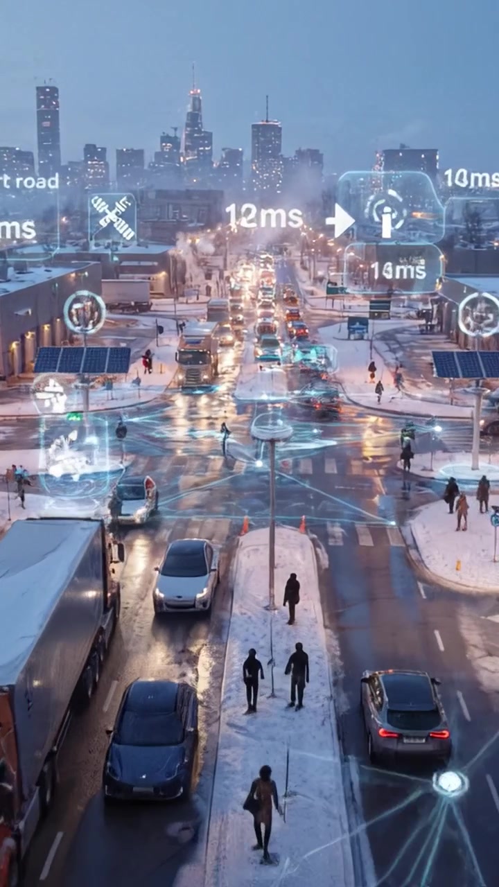 Un incrocio cittadino ad alta tecnologia al crepuscolo con strade innevate, movimento del traffico e indicatori di connettività digitale che evidenziano l'efficienza dei trasporti